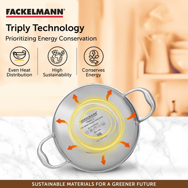 Fackelmann 2.5 Liter Kadai 24 CM, Triply | German Quality | Energy-Efficient | Non-Toxic | Versatile Cookware | Hassle-Free Maintenance | Triply Stainless Steel kadai | Kadai for Cooking