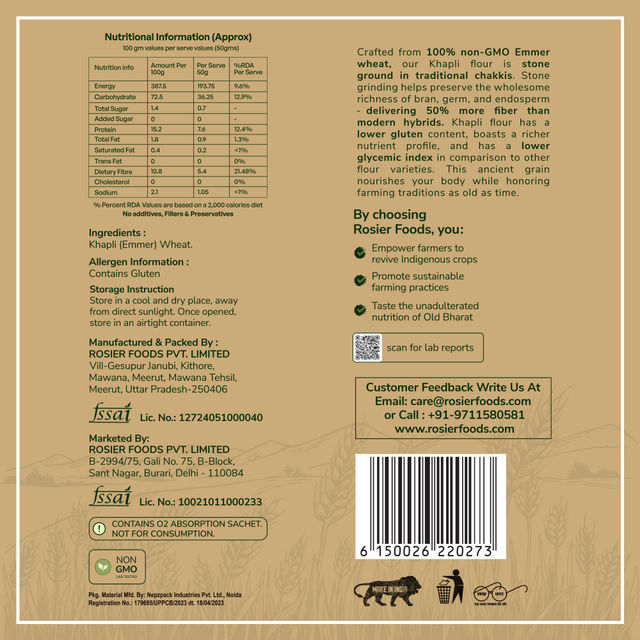 Rosier FOODs Stoneground Organic Khapli Wheat Atta