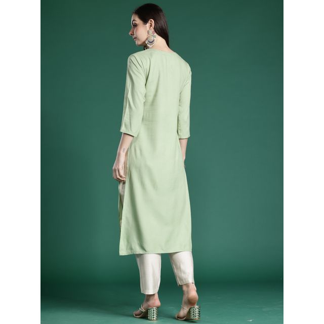 Indo Era Women's Viscose Rayon Floral Embroidered Straight Kurta | KT5GN9997 | Green - S