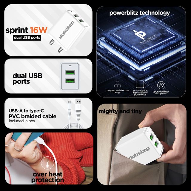 Dubstep Sprint 16W 3.1A Dual Usb Port Superfast Charger Adapter (With Cable Usb-A To Type-C, White)