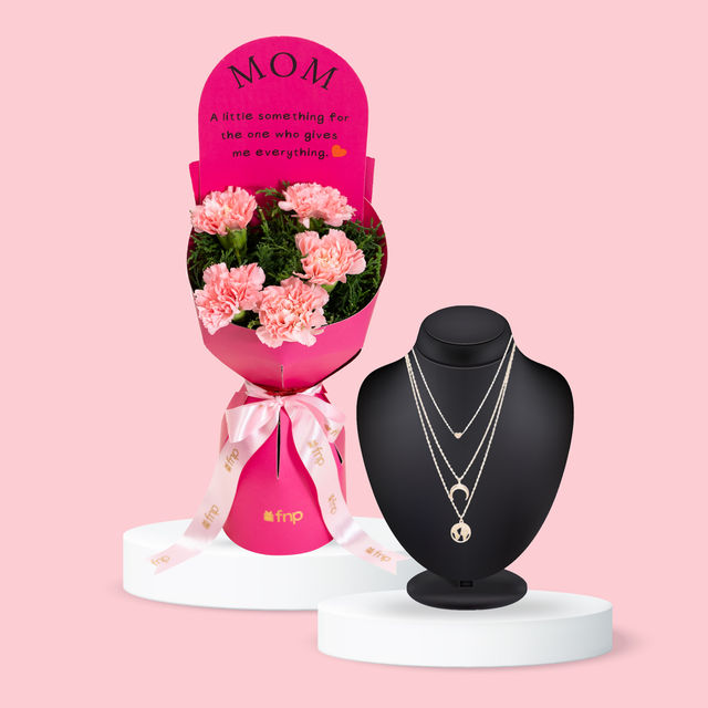 Fnp Mother S Day 5 Carnation Bouquet (1pc) & Youbella Jewellery Stylish Alloy Gold Plated Pendant Necklace For Women (Gold)(Ybnk_5788) (1pc) Combo