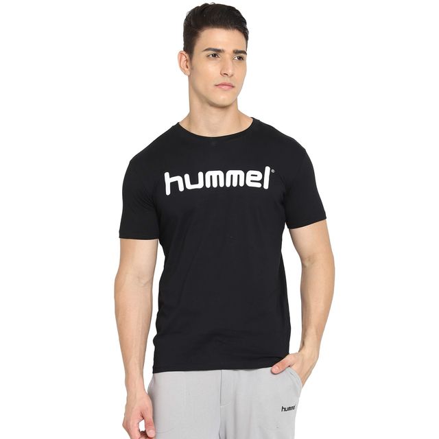 hummel Men's Go Logo Round Neck Solid Regular Fit Cotton Poly T-shirt | Black - M