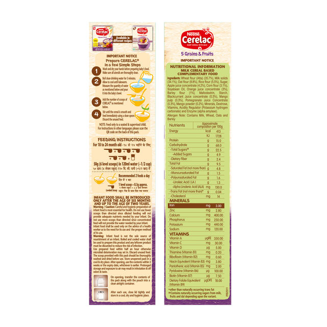 Nestle CERELAC 5 Grains & Fruits Baby Food Cereal (Source of Iron & Protein, 18 -24 Months)