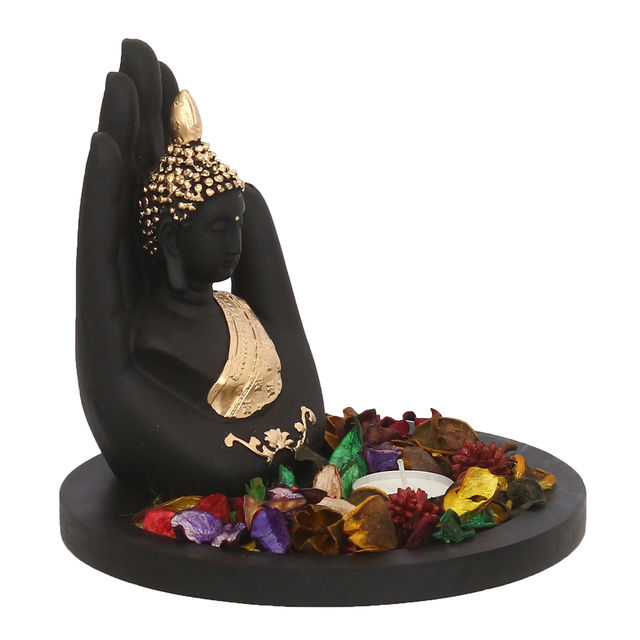 eCraftIndia Majestic Black and Golden Polyresin Palm Buddha Statue with Wooden Base