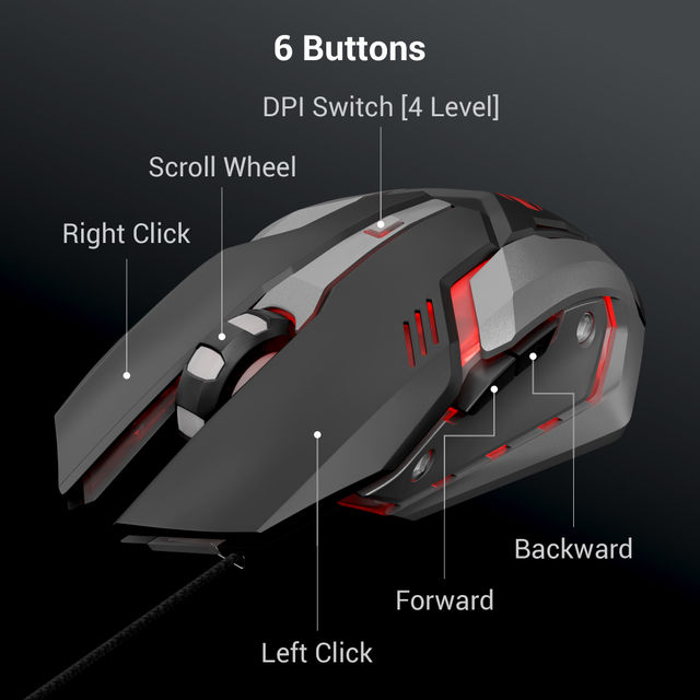 Zeb Transformer-M Gold-Plated USB Wired Mouse, 6 Buttons, Multi-Color LED High Res Sensor,3600 DPI, Black