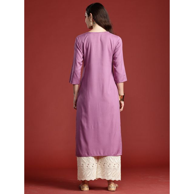 Indo Era Women's Viscose Rayon Floral Embroidered Straight Kurta | KT5LV9998 | Lavender - L