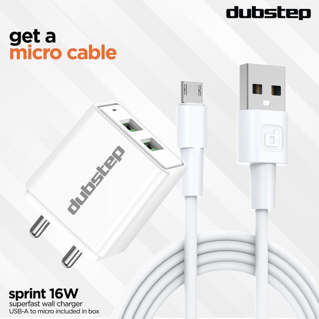 Dubstep Sprint 16W 3.1A Dual USB Port Superfast Charger Adapter (with Cable USBA To Micro USB, White)