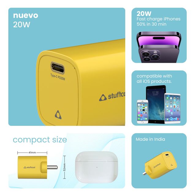 Stuffcool Nuevo 20W Smallest Wall Charger for iPhone (Yellow)