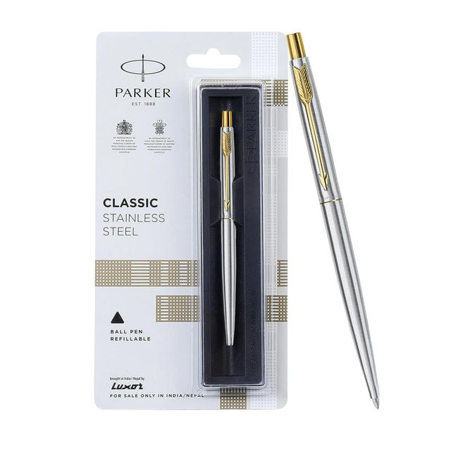 Parker Classic Stainless Steel Gold Trim Ball Pen| Ink Color - Blue | Corporate Gift (1pc) & Paperkraft Designer Series With Pu Leather - Red Color, 192 Pages, Pack Of 1-Set Of 1 (1pc) Combo