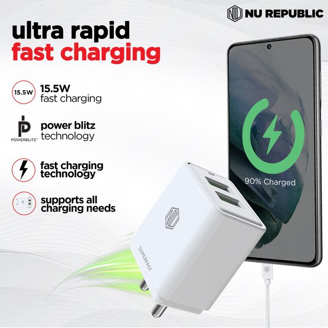 Nu Republic 15.5W Dual USB Port Superfast Multiport Charging Adapter with Cable (Type C to USB A)