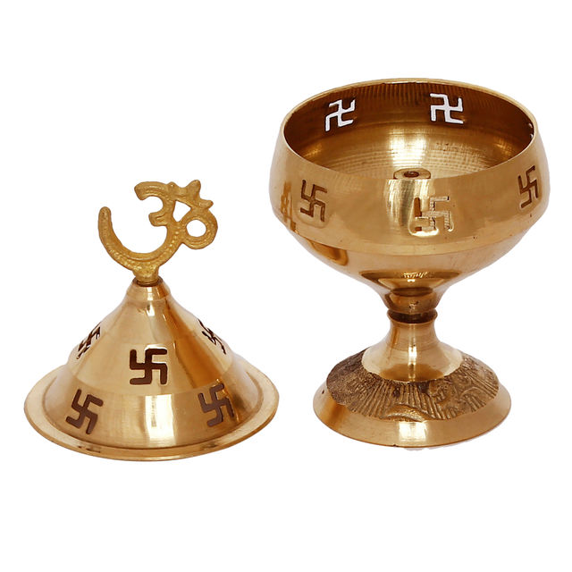 EcraftIndia Golden Om And Swastik Symbol Decorative Akhand Brass Diya