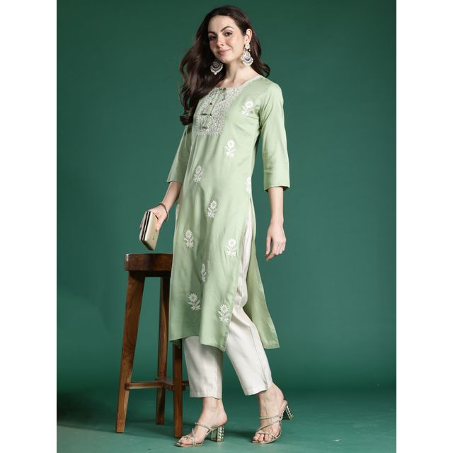 Indo Era Women's Viscose Rayon Floral Embroidered Straight Kurta | KT5GN9997 | Green - S