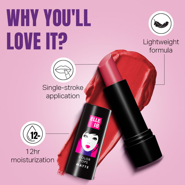 Elle 18 Color Pop Matte Lipstick - Quick Drying | Highly Pigmented | with Vitamin E - Pink Kiss