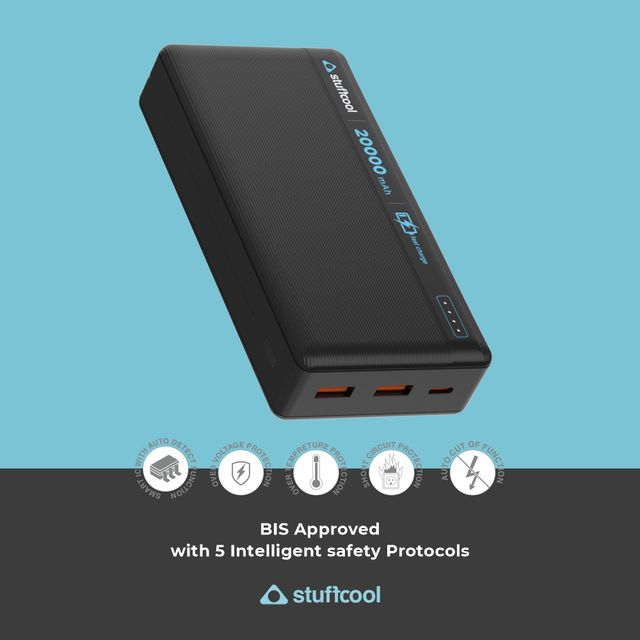 Stuffcool Major Plus 20000mAH 20W Type C PD Powerbank,Fast Charging,50% in 30 mins,22.5W Type A Port