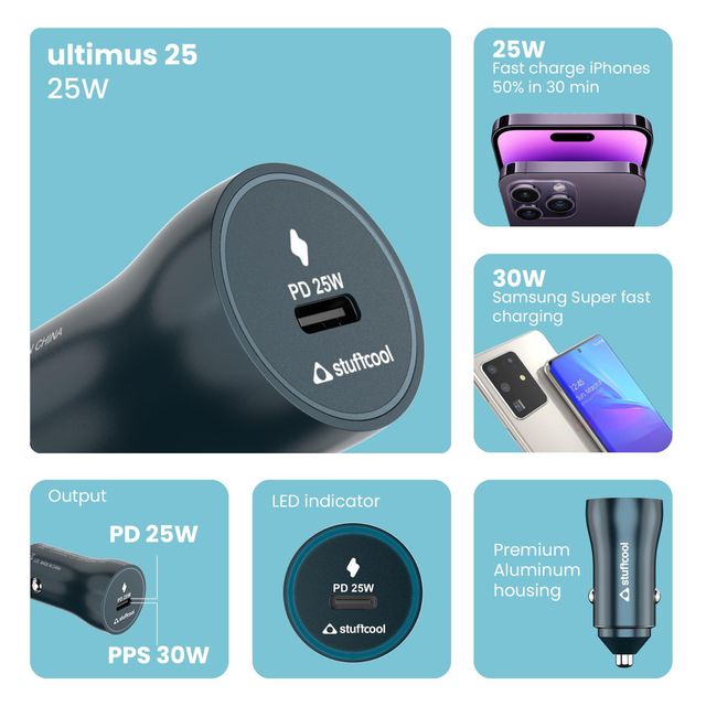 Ultimus 25W Aluminium Type C Compact Samsung Super Fast Charging, iPhones & Pixels 50% in 30 mins