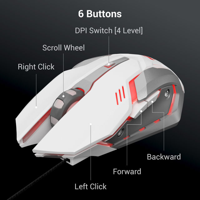 Zebronics Transformer-M Gaming Mouse, 6 Buttons, Multicolor Led Lights, High-Res Sensor (White)