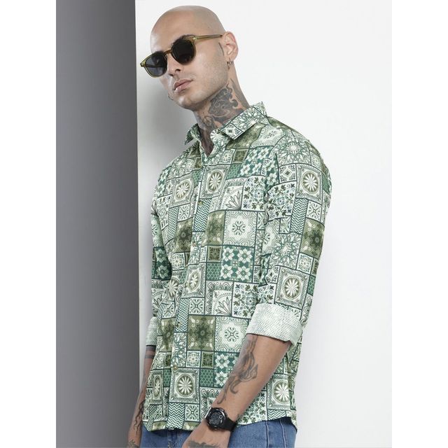 The Indian Garage Co Men's Regular Fit Indie Printed Casual Shirts | Teal Green - M