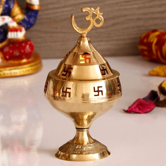 EcraftIndia Golden Om And Swastik Symbol Decorative Akhand Brass Diya