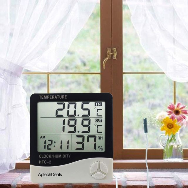 Aptechdeals Digital Hygrometer Thermometer Humidity Meter With Clock Lcd Display (Htc2)