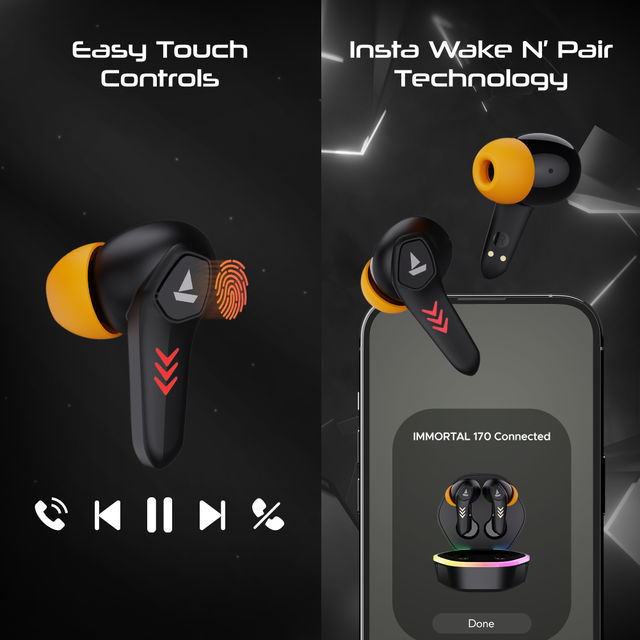 boAt Immortal 170 TWS Earbuds for Gaming w/ 40H Playtime, BEAST Mode & RGB LEDs (Black Sabre)