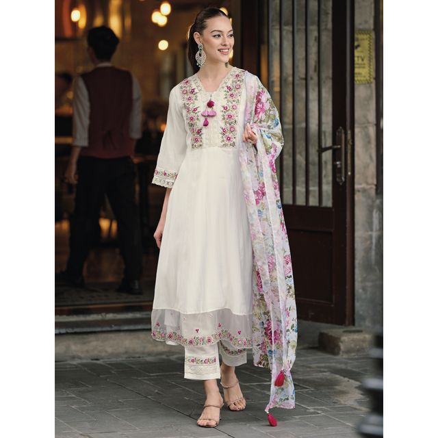 Indo Era Women's Silk Blend Floral Straight Kurta Set with Dupatta | KH9WH7379 | White - XL