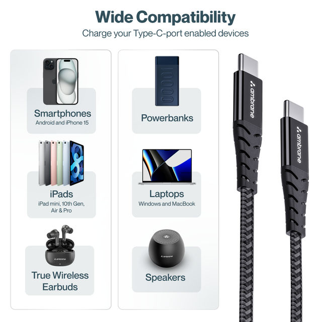Ambrane Type C to Type C Cable 60W Fast Charging 1.5M Braided Cable for Smartphones (RCTT15, Black)