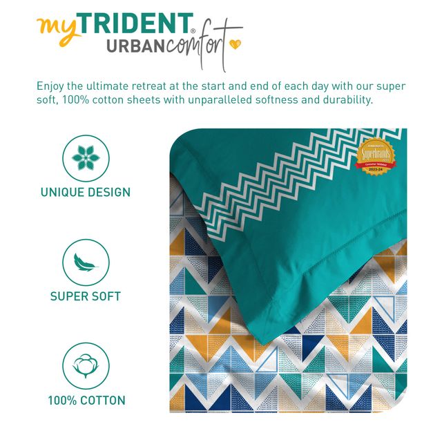 Mytrident Bedsheet Set | Queen Size Double Bed sheet set | 100% Cotton - Trippy Triangles Blue