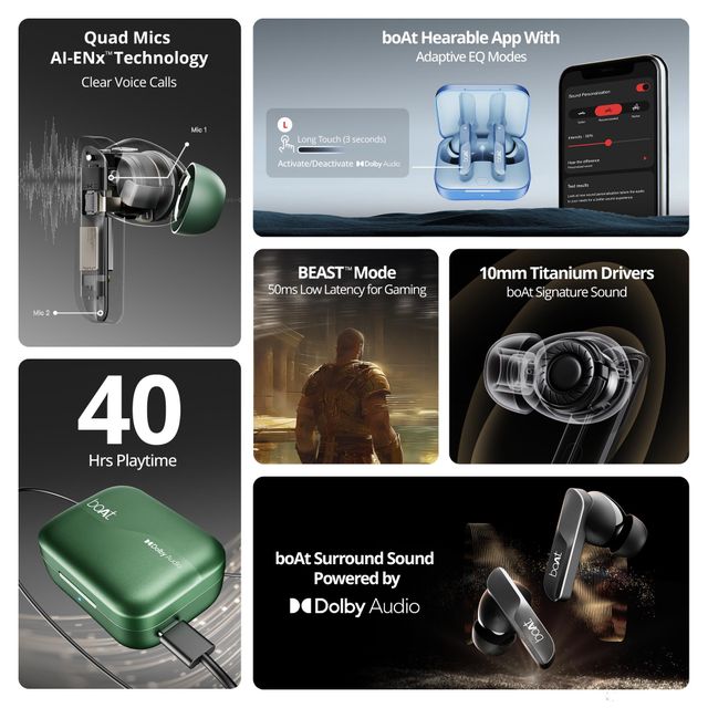 boAt Airdopes 800 TWS Earbuds w/ Dolby Audio, High Fidelity Drivers, 4 Mics ENx Tech & Hearables App(Interstellar Blue)