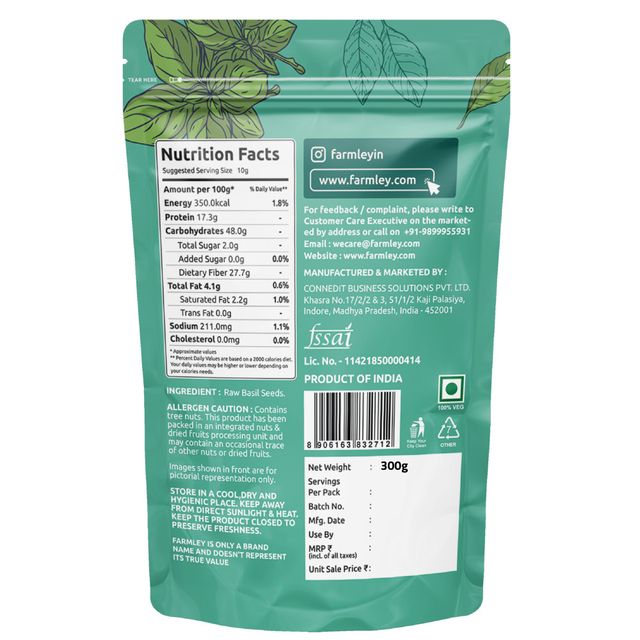 Farmley Raw Basil Seeds | Rich In Protein | Fiber Diet Sabja Seeds | Tukmaria Basil Seeds 300 g X 2 Combo