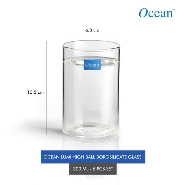 Ocean Lumi Borosilicate Water Glass (300Ml, 6Pcs)