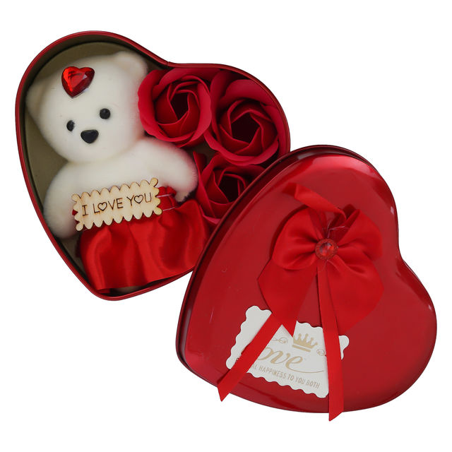 eCraftIndia Heart Shaped Valentine's Day Gift Box with I Love You, White Teddy Bear and 3 Red Roses