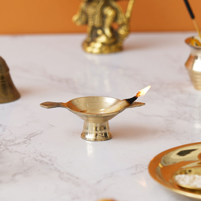eCraftIndia Golden Decorative Brass Diya with Stand and Holder