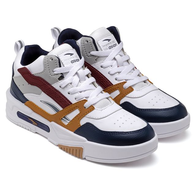 Asian Men's Hightop Sneakers | Mexico-11 | White, Navy & Mustard - UK 8