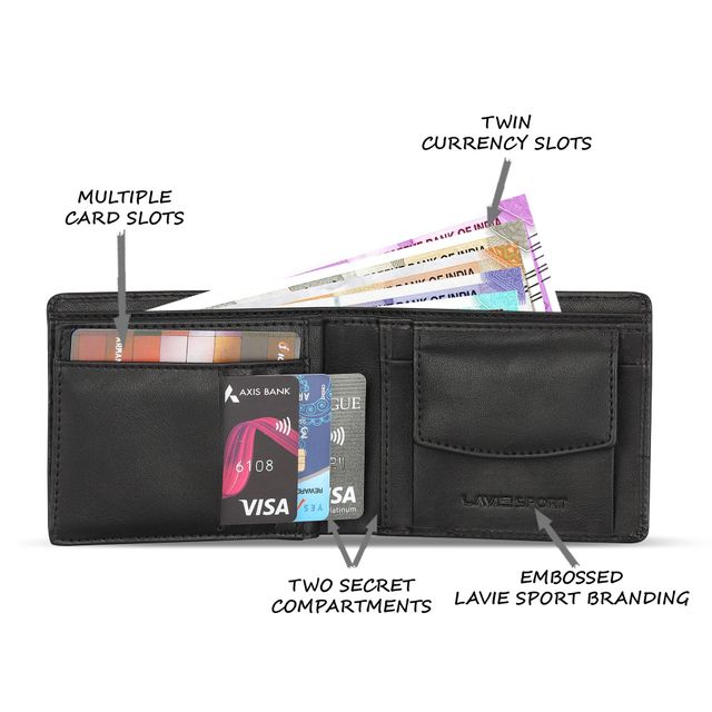 Lavie Sport Men's Solid Faux Leather Bi-Fold Wallet | Black - One Size
