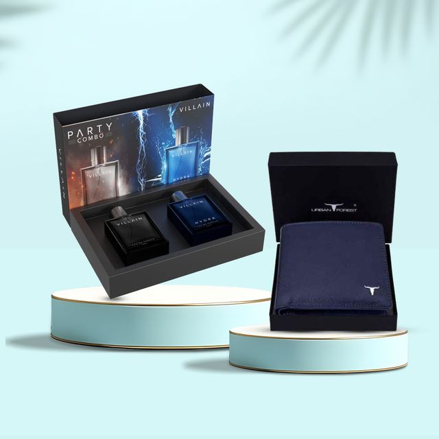Villain Luxury Villain Party Combo Premium Long Lasting Perfume For Men (2pc) & Urban Forest Men'S George Leather Wallet | Blueberry (1pc) Combo