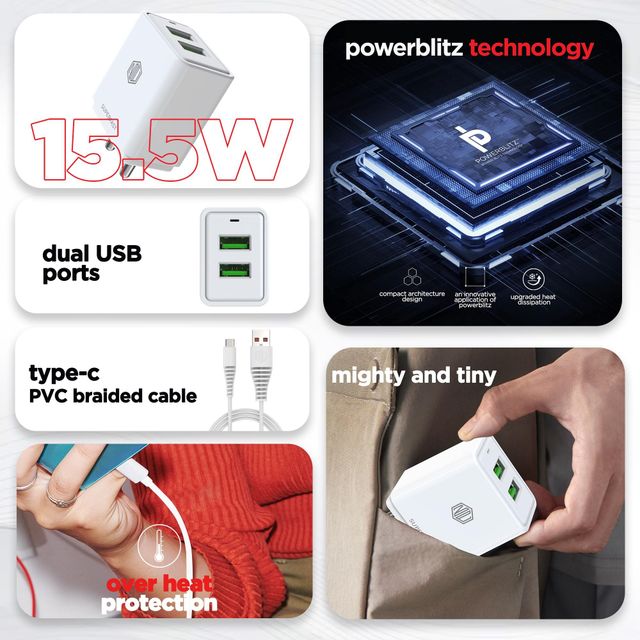 Nu Republic 15.5W Dual USB Port Superfast Multiport Charging Adapter with Cable (Type C to USB A)