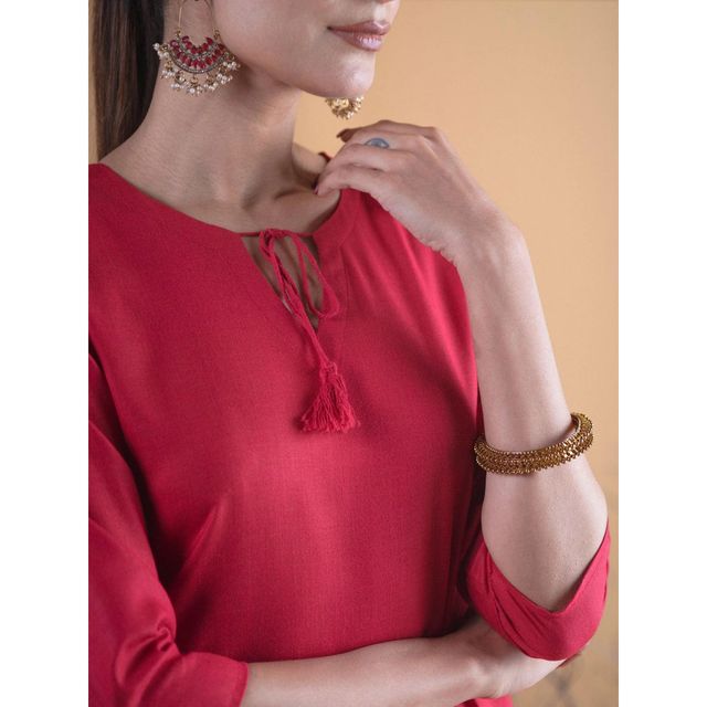 Libas Women's Solid Cotton Kurta | Maroon | L