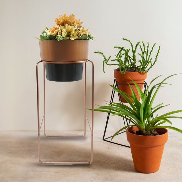 10club Dual Tone Metal Planter With Stand - Copper Black