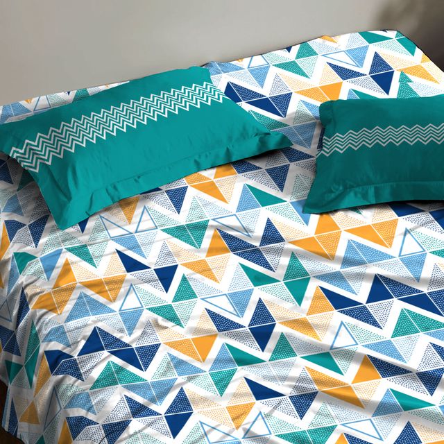 Mytrident Bedsheet Set | Queen Size Double Bed sheet set | 100% Cotton - Trippy Triangles Blue