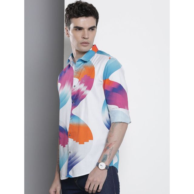 The Indian Garage Co Men's Slim Fit Abstract Printed Casual Shirts | White - XL