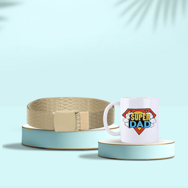 Calvadoss Unisex Canvas Belt | Upto 40 Inch | Canu-2022 | Beige (1pc) & Oye Happy Super Dad Mug (1pc) Combo