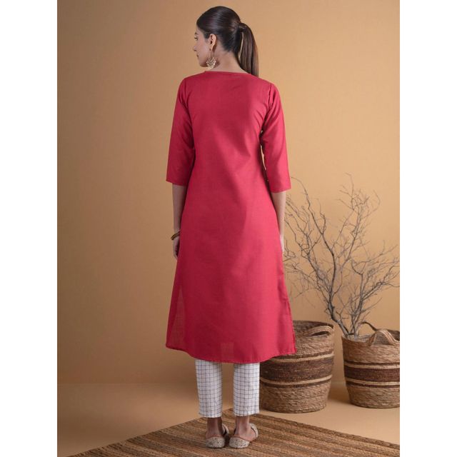 Libas Women's Solid Cotton Kurta | Maroon | L