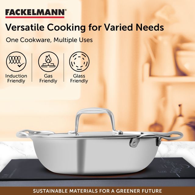 Fackelmann 2.5 Liter Kadai 24 CM, Triply | German Quality | Energy-Efficient | Non-Toxic | Versatile Cookware | Hassle-Free Maintenance | Triply Stainless Steel kadai | Kadai for Cooking