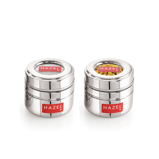 HAZEL Steel Small Container for Spices - 200 ml Set of 2 | Transparent Lid Storage
