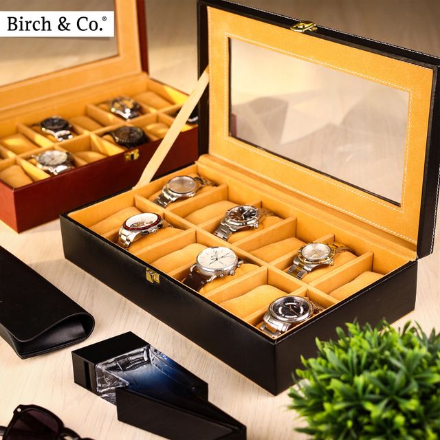 Birch & Co. Unisex Re-engineered Wood and Vegan Leather Rectangular Watch Box | Black