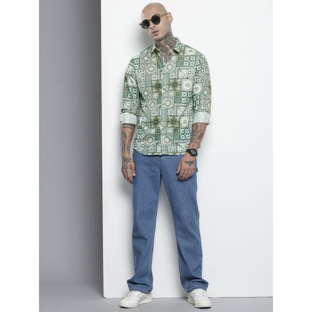 The Indian Garage Co Men's Regular Fit Indie Printed Casual Shirts | Teal Green - M