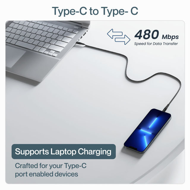 Ambrane Type C to Type C Cable 60W Fast Charging 1.5M Braided Cable for Smartphones (RCTT15, Black)