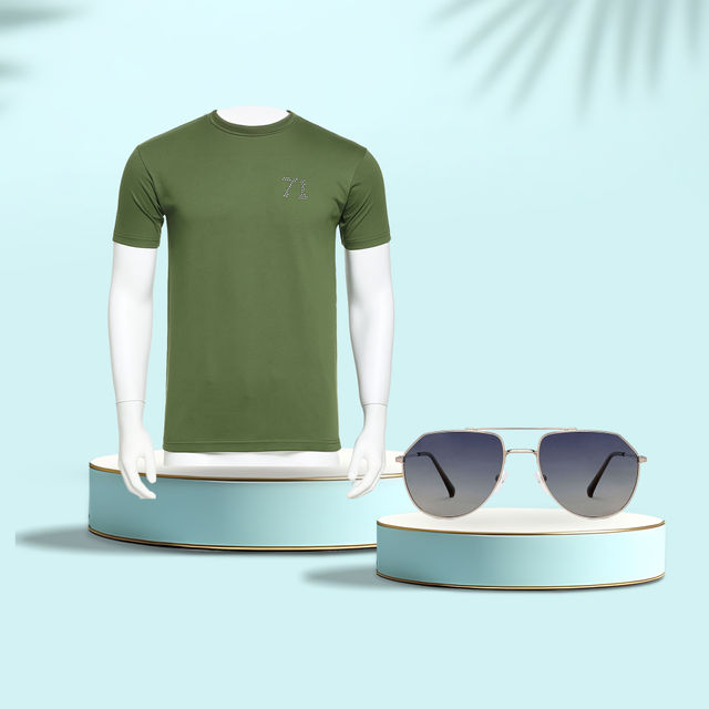 Vip Mens Round Neck Tshirt Bottle Green 001 | Xl (1pc) & Vincent Chase By Lenskart Unisex Solid Metal Aviator Sunglasses | Black And Gold - L (1pc) Combo