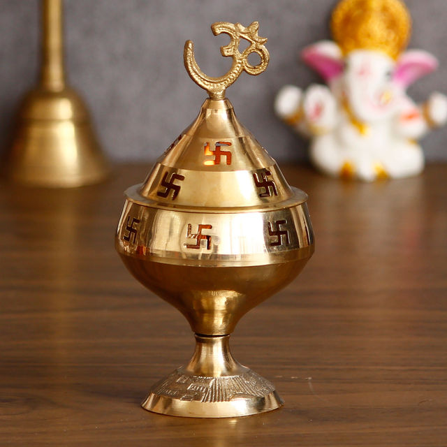 EcraftIndia Golden Om And Swastik Symbol Decorative Akhand Brass Diya