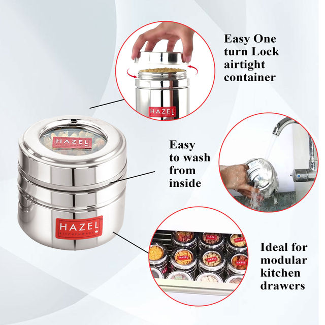 HAZEL Steel Small Container for Spices - 200 ml Set of 2 | Transparent Lid Storage